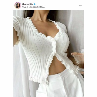 Áo croptop Jennie len gân hở eo - Áo nữ len gân viền nhăn 4 cúc A1893