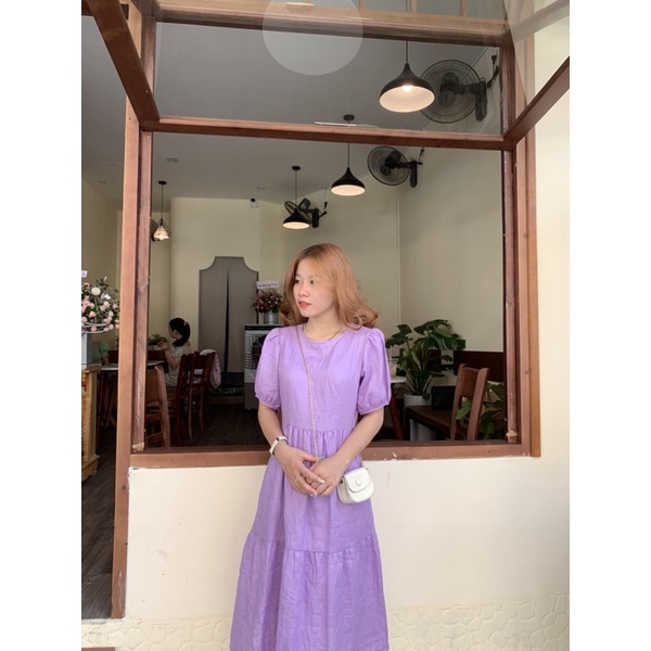 Đầm linen tầng màu tím