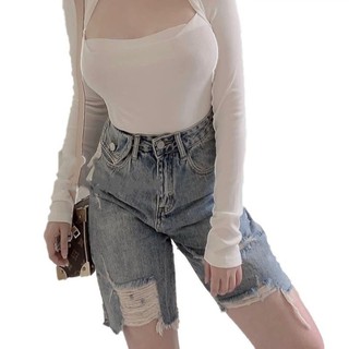 Quần jeans ngố lửng rách. quần jean ngố nữ cotton túi nắp