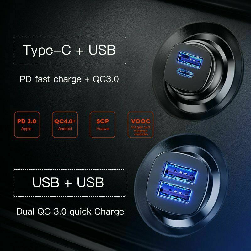 Tẩu sạc trên ôtô, xe hơi Baseus công suất 30W 2 cổng USB/USB + C , Sạc nhanh QC 4.0 /3.0 cho điện thoại, t/bị điện tử..