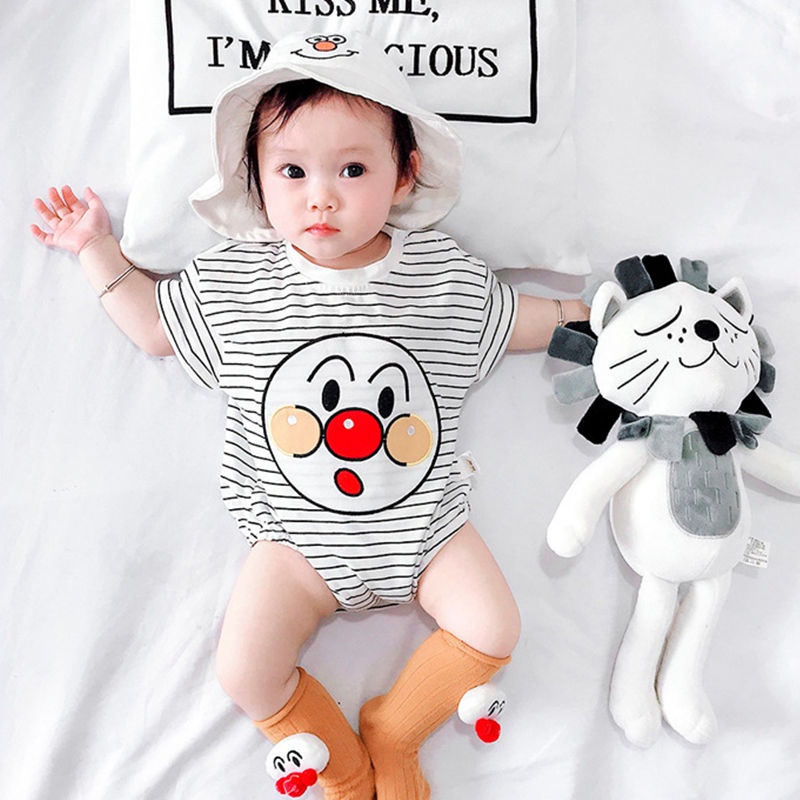 Bộ Áo Liền Quần Ngắn Tay Họa Tiết Kẻ Sọc Hoạt Hình Cho Trẻ Sơ Sinh