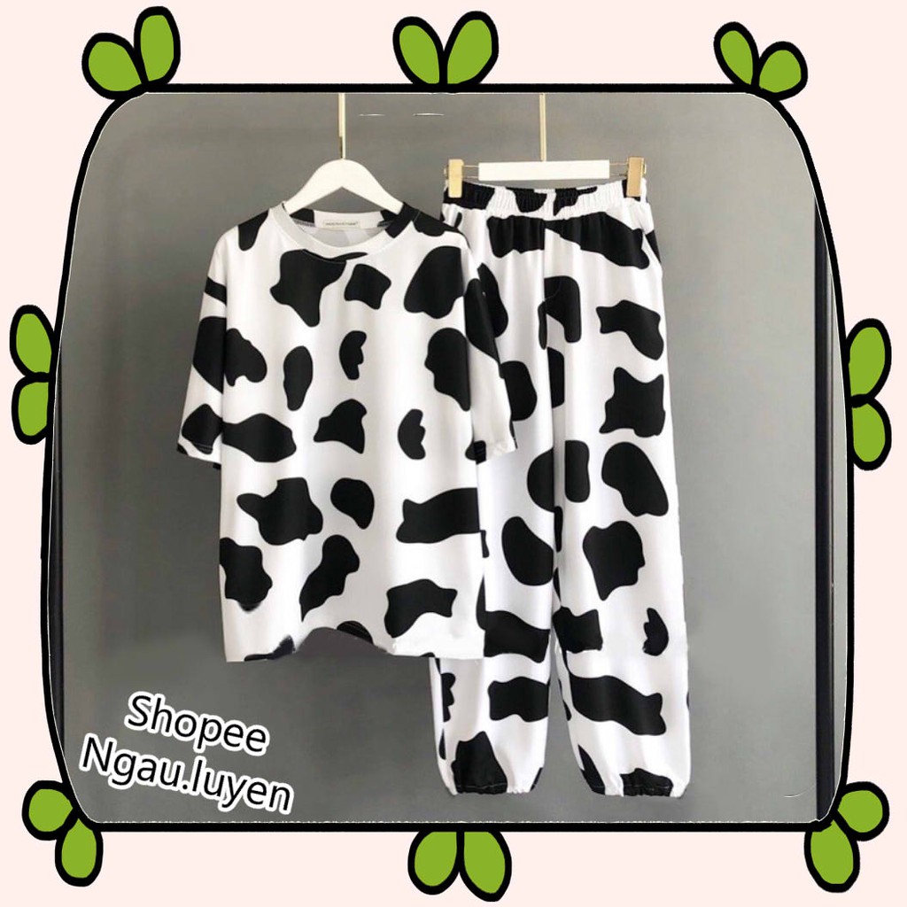 SQ014 Set áo thun tay lỡ quần jogger bò sữa nam nữ form to Bộ áo phông quần bom dài unisex đen trắng dáng to hè thu cute