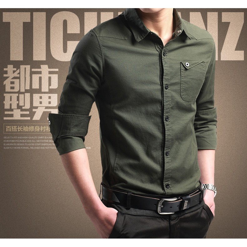 Áo Sơ Mi Cotton Tay Dài Dáng Ôm Thoáng Khí 7 Màu Thời Trang Công Sở Cho Nam