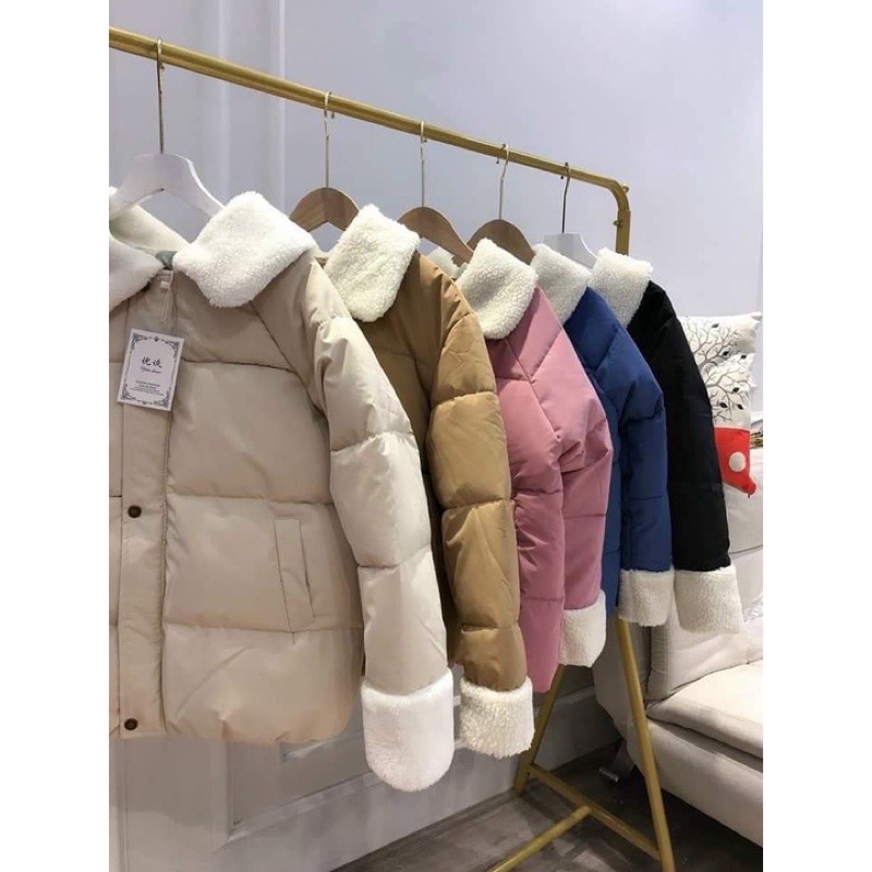 Áo khoác phao nữ dáng ngắn phối tay cổ lông 3 lớp siêu nhẹ về đủ màu đen hồng be nâu phong cách hàn quốc