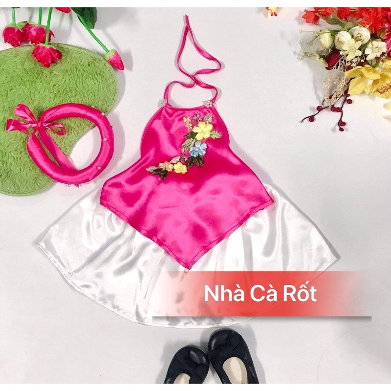 Set yếm đào hồng tam giác vải lụa loại 1 cho bé gái