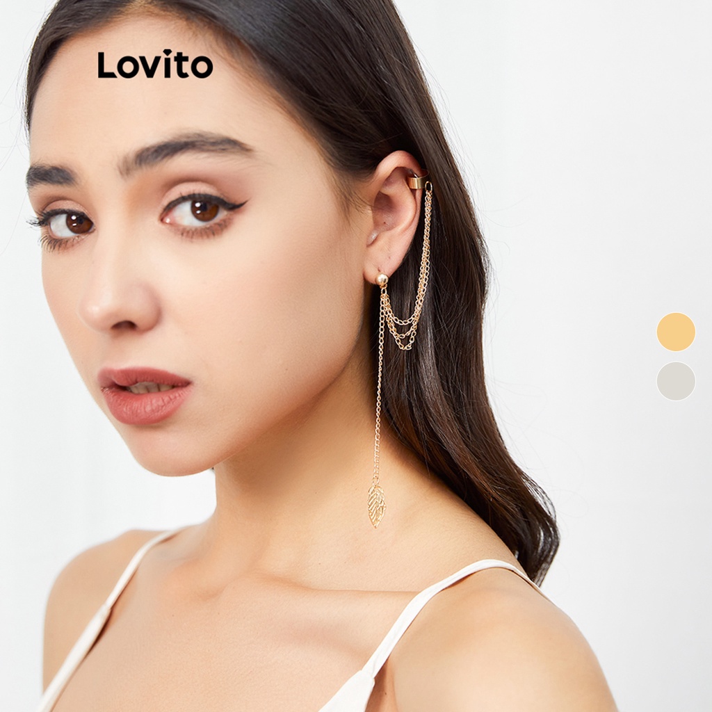 Lovito Bông tai hợp kim hình chiếc lá phối tua rua dáng dài màu vàng/bạc A07005