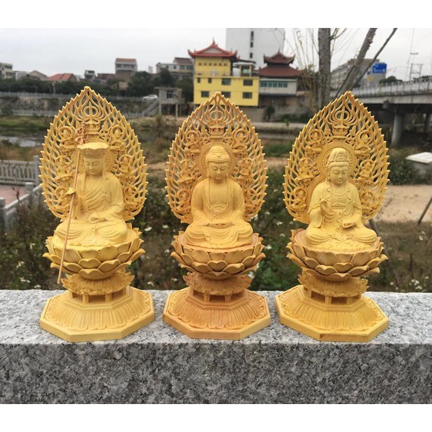 Bộ 3 tượng Gỗ hoàng dương Thích Ca - Địa Tạng- Quan Âm- văn phòng phẩm Nhơn Phát