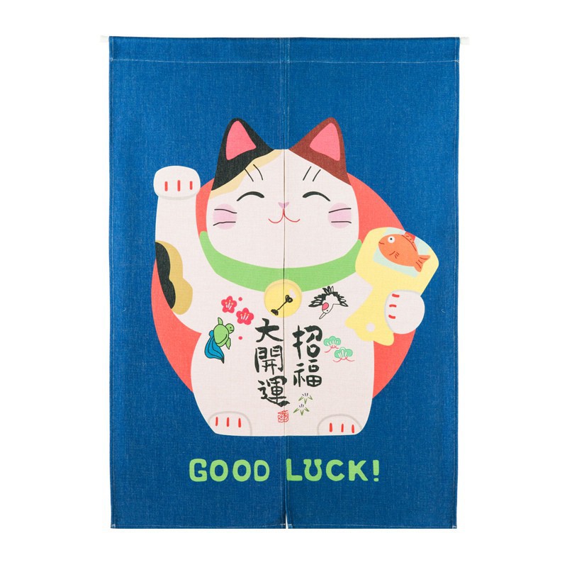 Rèm cửa Noren phong cách Nhật Bản bằng vải cotton lanh in họa tiết mèo may mắn / Maneki Neko