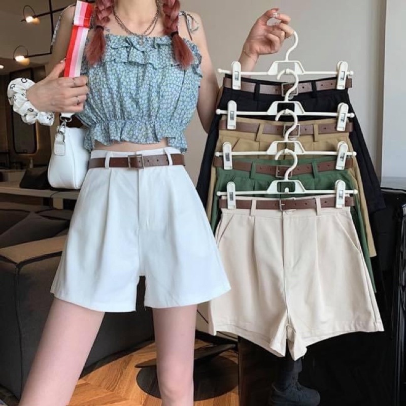 Quần short tây ngắn nữ ống rộng lưng cao trơn kèm belt - Order taobao quảng châu
