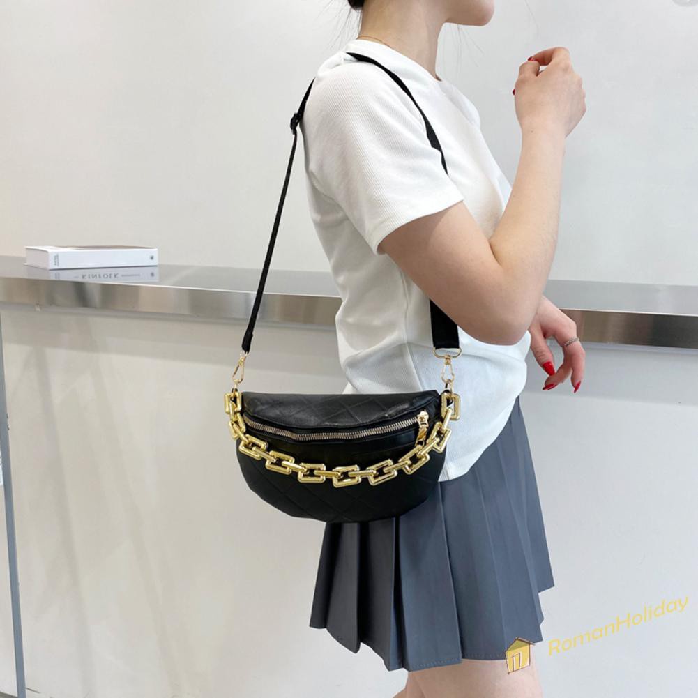 【On Sale】Vintage Women Pure Color PU Waist Chest Crossbody Bag Thick Chain Handbag