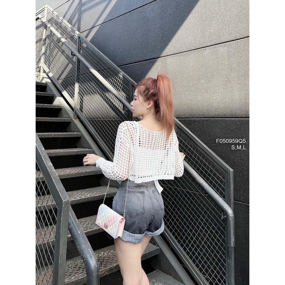 Quần short jean xám loang màu lật lai lưng cao hàng đẹp!