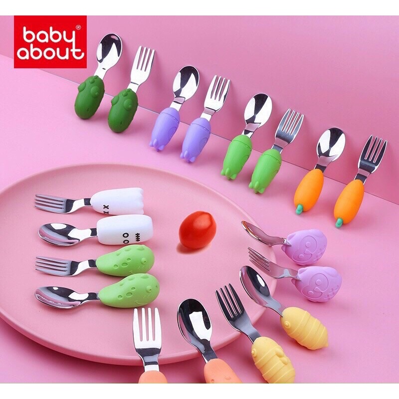 Set Thìa Nĩa Inox Tập Ăn Kiểu Nhật Tay Cầm Silicon Ngộ Nghĩnh
