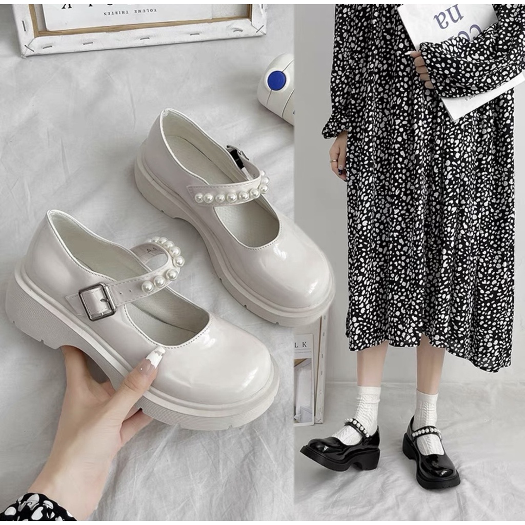 Giày gót dày phối ngọc trai thời trang cho nữ
