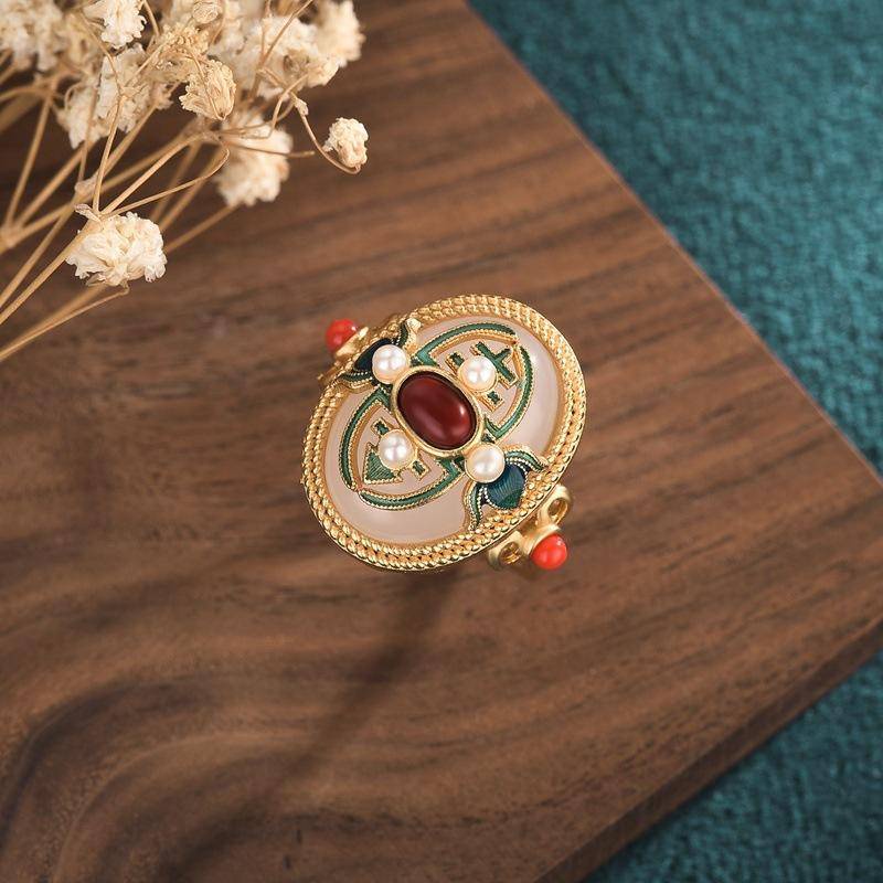 Nhẫn Đính Đá Ngọc Bích Trắng Phong Cách Trung Hoa Cổ Điển 119 Dành Cho Nữ#