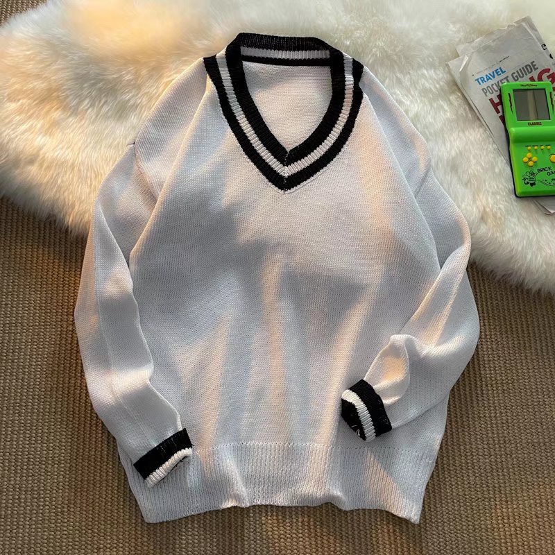 Áo sweater dệt kim tay dài cổ chữ V dáng rộng phong cách Hàn Quốc mới cho nam
