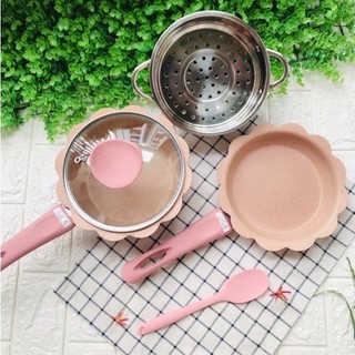 Bộ Nồi Chảo Cho Bé Ăn Dặm, Nồi Chảo Nấu Quấy Hình Hoa Cao Cấp, Men Đá Chống Dính, Kèm Xửng Hấp