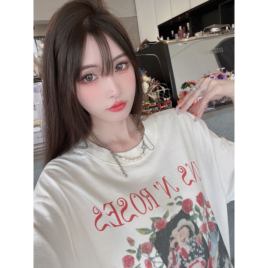 Áo Thun Nữ Ngắn Tay Cổ Tròn In Hoa Thời Trang Hàn