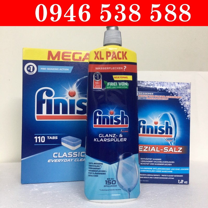 Bộ 3 viên rửa bát finish 110 viên + Nước làm bóng finish 750 ml+muối finish 1.2kg dùng cho máy rửa bát chén