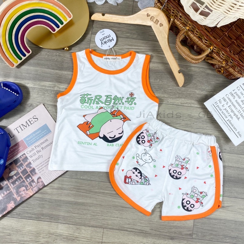 BLIN22 ba lỗ thun lạnh quần ngắn minkymom nền trắng in hình doremin Shin corgi cho trẻ 8kg đến 25kg