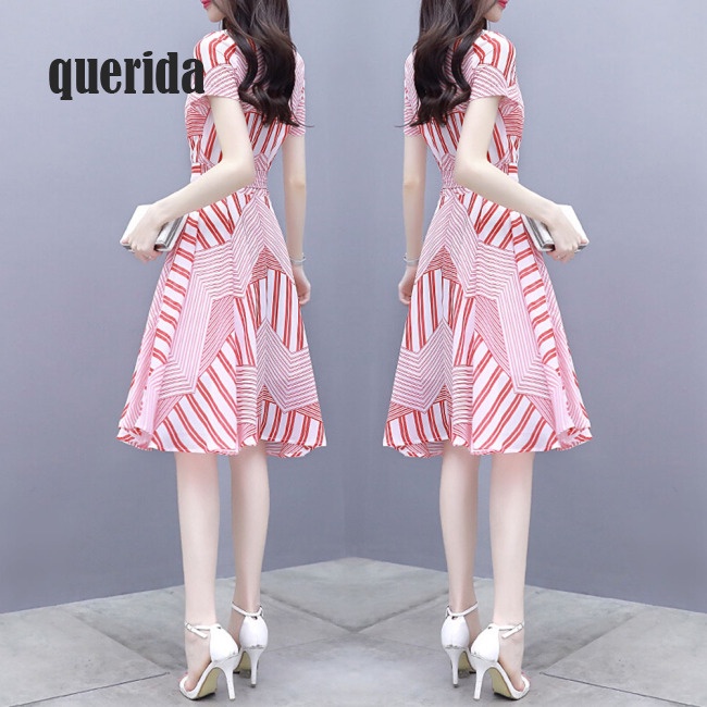 Đầm eo cao ngắn tay phối dây buộc họa tiết kẻ sọc màu hồng cho nữ