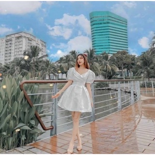 Đầm vintage, váy xoè, váy dự tiệc trắng cổ V đắp chéo (kèm hình thật)