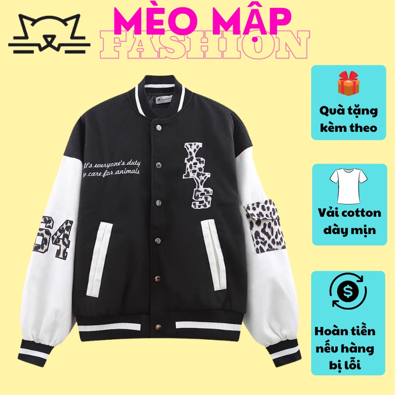 Áo Khoác Áo gió Bomber jacket varsity bóng chày phối hoạt tiết đốm da beo thêu 64 YBYS Mèo Mập Fashion BB011