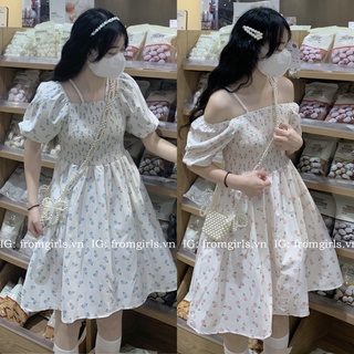 Váy hoa nhí trễ vai, đầm hoa nhí mặc 2 kiểu dáng xòe ulzzang - V82