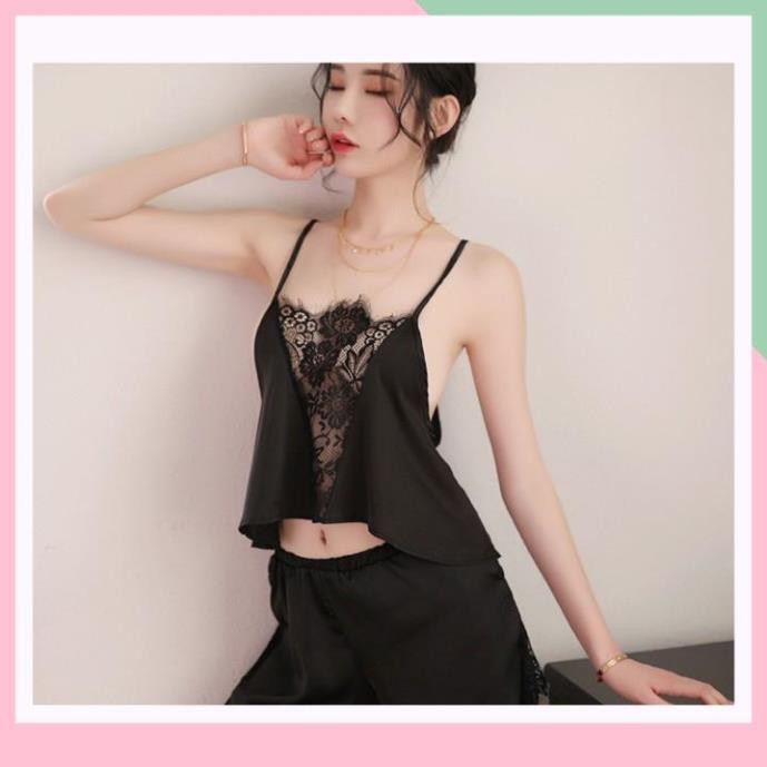 Đồ ngủ nữ lụa hai dây viền ren gợi cảm Màu đen huyền bí A | BigBuy360 - bigbuy360.vn