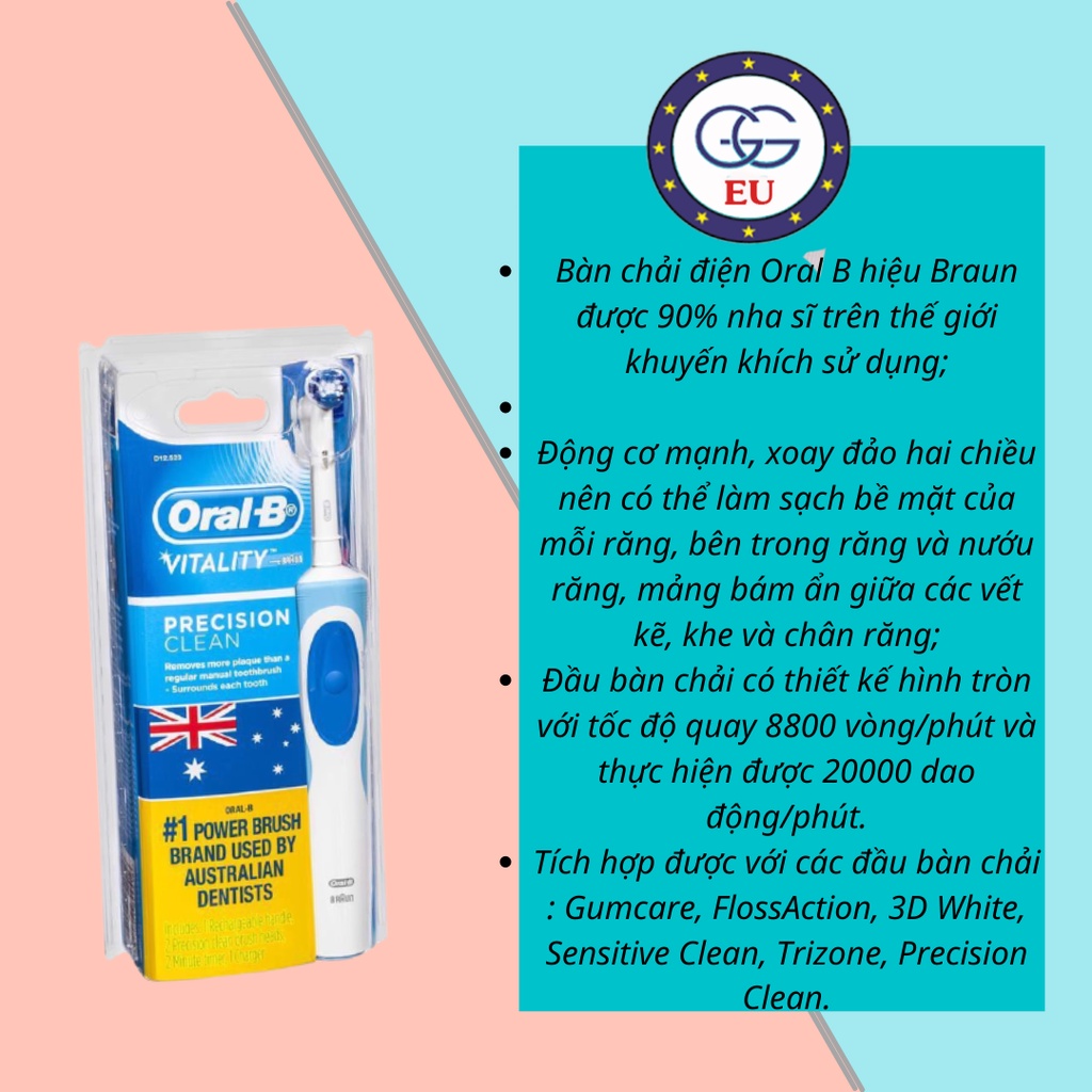 Bàn chải điện Oral-B, làm sạch răng miệng toàn diện, bền lâu, nội địa Pháp, GGEU