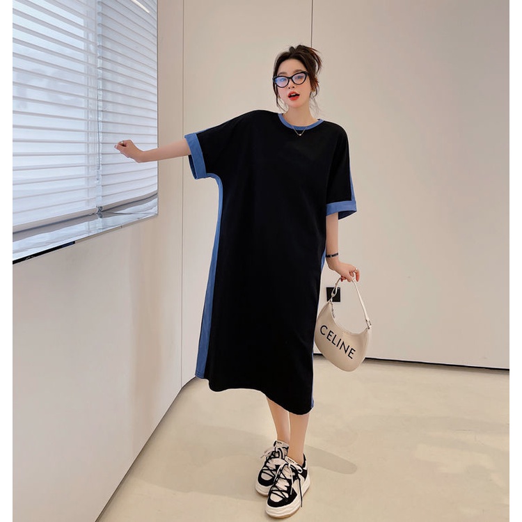 Đầm Tay Ngắn Dáng Rộng Mỏng Màu Sắc Tương Phản Cho Phụ Nữ