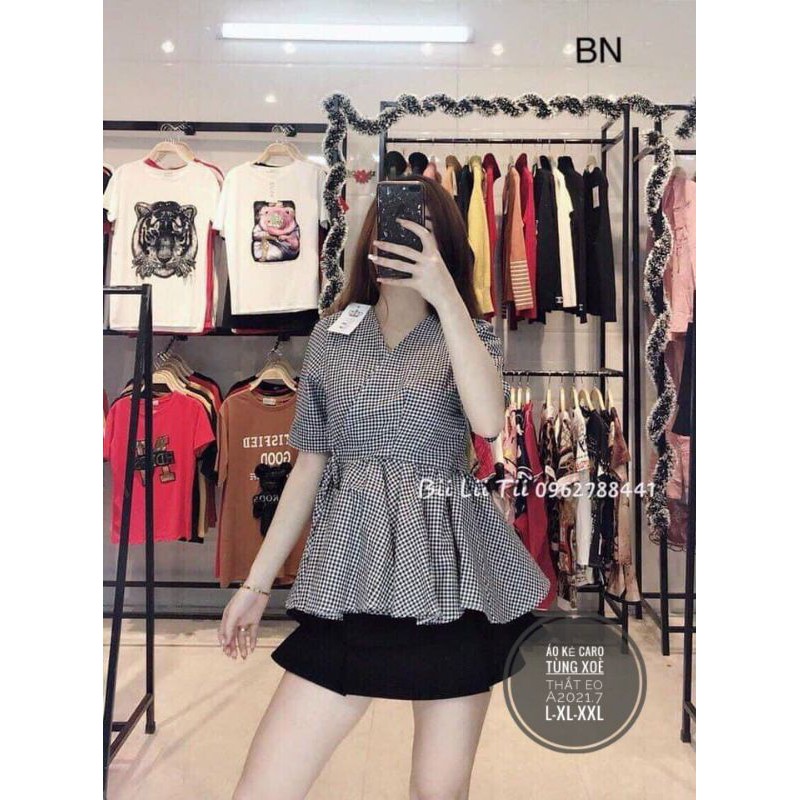 55-90kg Bigsize ÁO KẺ CARO TÙNG XÒE PEPLUM A2021.7
