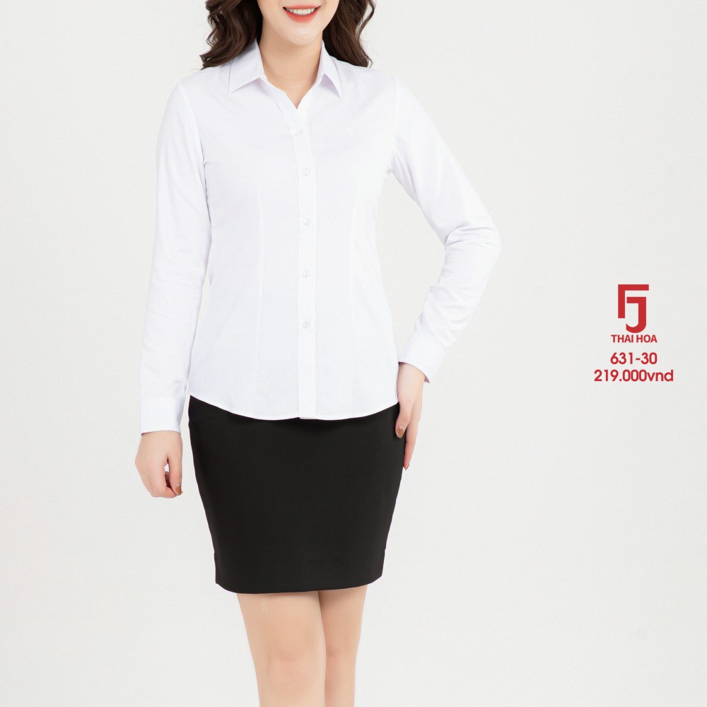 Áo sơ mi nữ công sở trắng cao cấp dài tay đẹp kẻ tăm caro chìm cotton Thái Hòa 631-30-01