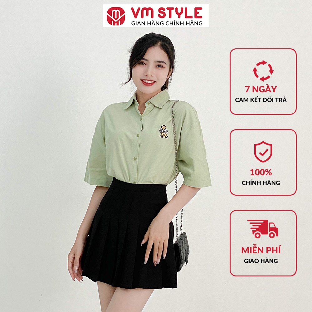 Áo sơ mi nữ trơn ngắn tay VM STYLE dáng suông thêu hình dễ thương - 21SU122X2001