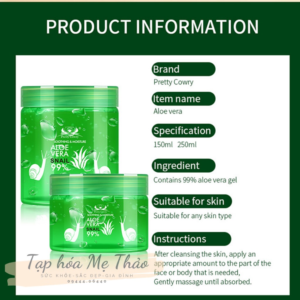 Gel lô hội tinh chất Ốc sên Pretty Cowry Aloe Vera Soothing Gel 250ml làm mềm và bổ sung độ ẩm cho da