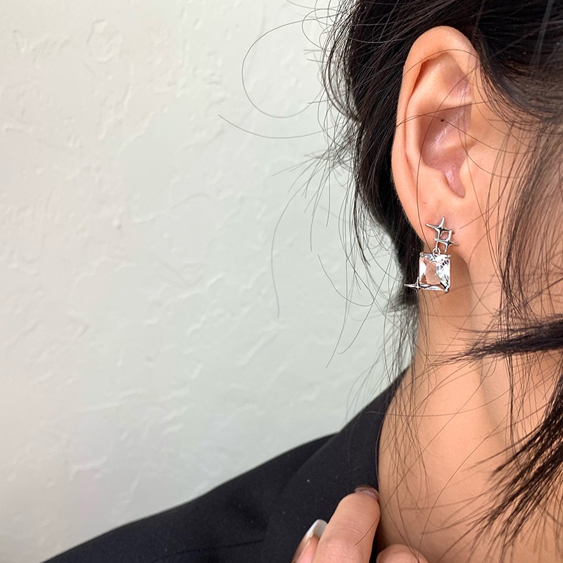 Khuyên Tai Hình Vuông Đính Đá Kim Cương Nhân Tạo Đơn Giản Dễ Phối Đồ 19A1497