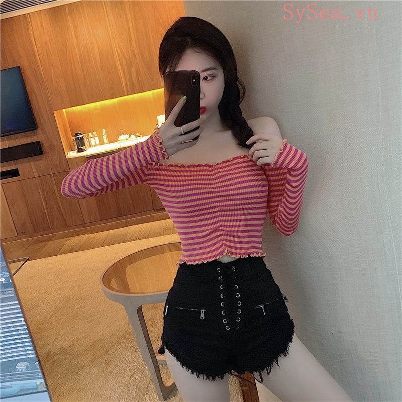 Áo Croptop Tay Dài Thiết Kế Trễ Vai Quyến Rũ Dành Cho Nữ