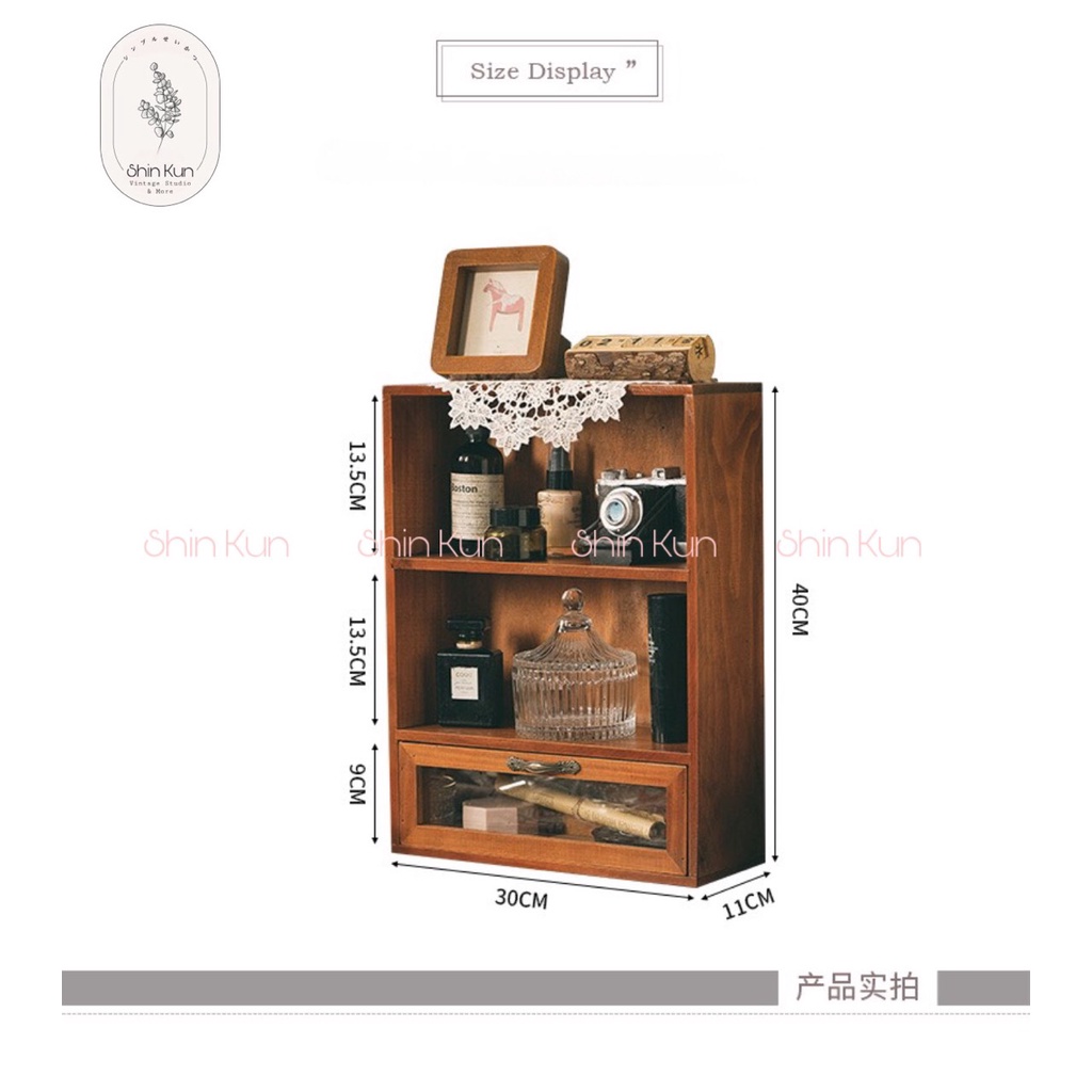 Tủ Gỗ Để Bàn Đựng Đồ Mini Đồ Trang Điểm Cốc Chén Ly Vintage 3 Tầng Hỗn Hợp SS23