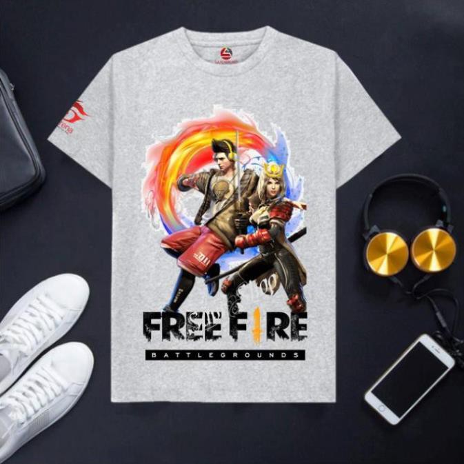 [SIÊU RẺ] Áo Free Fire cotton cổ tròn màu trắng cực chất - Nữ cầm kiếm nam đeo tai nghe