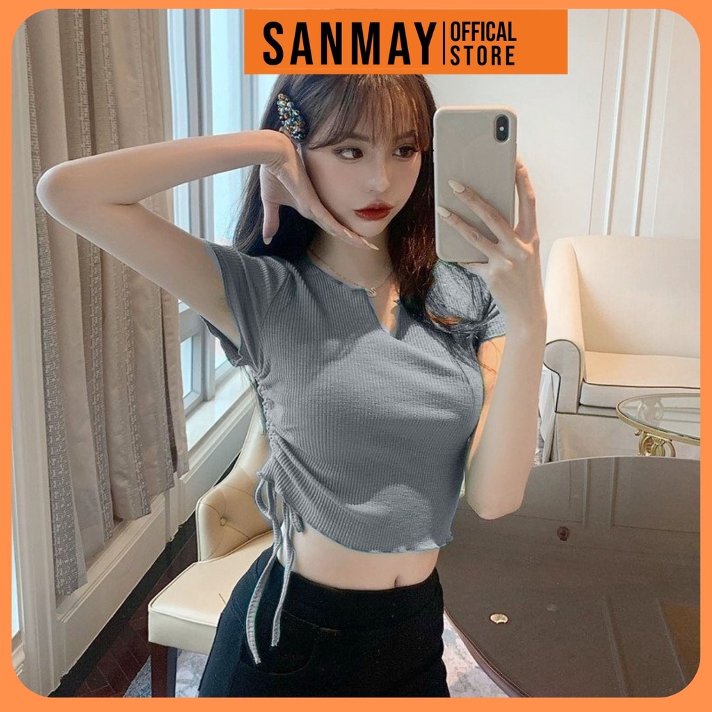 Áo Croptop Ôm Body SANJOLI Áo Kiểu Crt Sexy Nữ Tay Ngắn Cột Dây Đẹp Bánh Bèo Hàn Quốc AO035