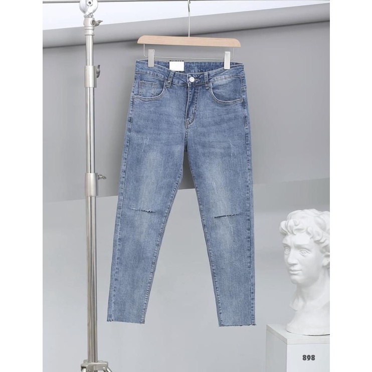 Quần Jean Nam Lb, Vải Jean Denim Co Giãn, Màu Xanh Sáng Trơn Thời Trang , Phom Skinny, Chiều Dài quần 92cm