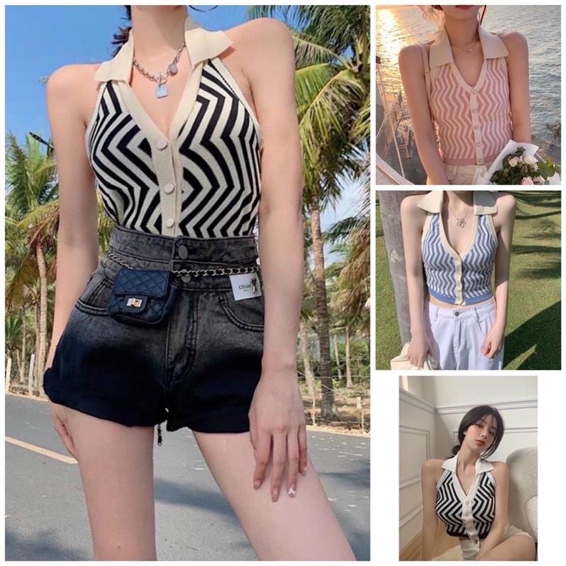 Free Ship-Hàng Cao Cấp Áo yếm cổ polo chất len mịn có mút ngực