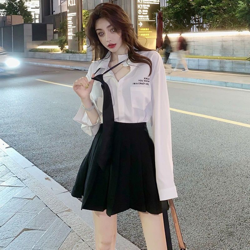 Áo Sơ Mi Tay Dài Dáng Rộng Tay Dài Màu Trắng Thắt Cà Vạt In Chữ Phong Cách JK Hàng Mới 2020 Dành Cho Bạn Nữ