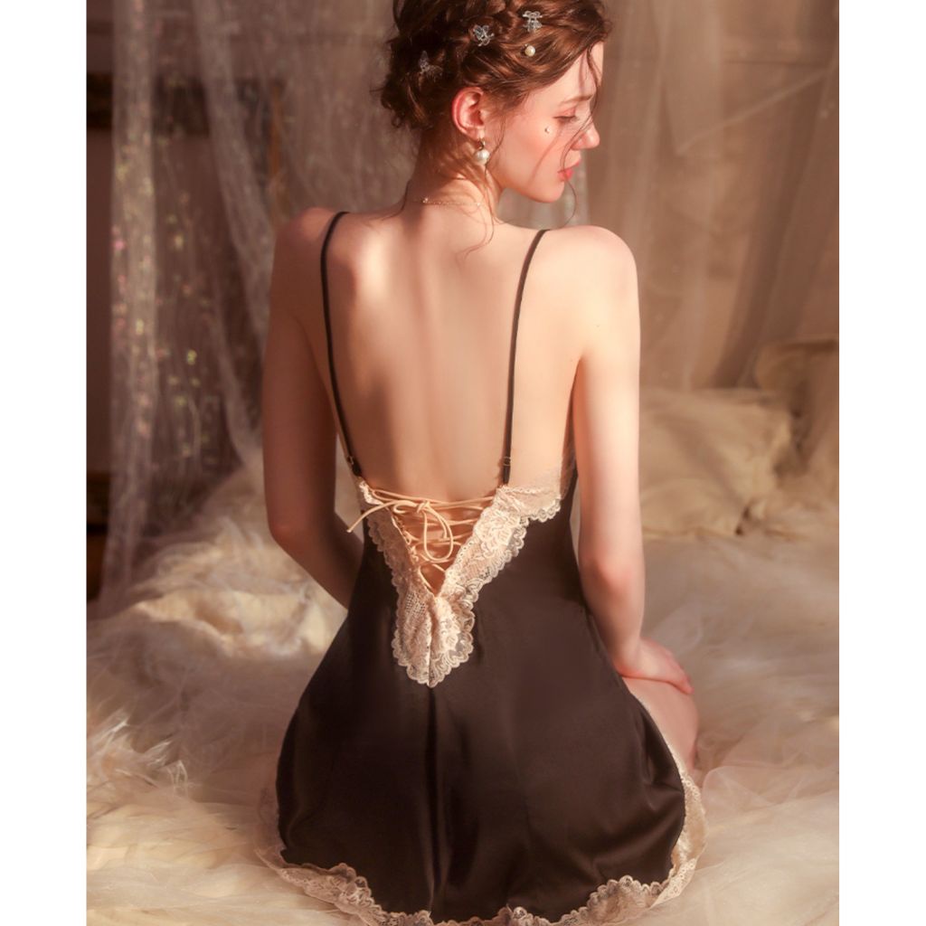 Đầm ngủ sexy 2 dây Váy ngủ lụa satin phối ren tặng quần chíp gợi cảm thắt dây mặt lưng  M78