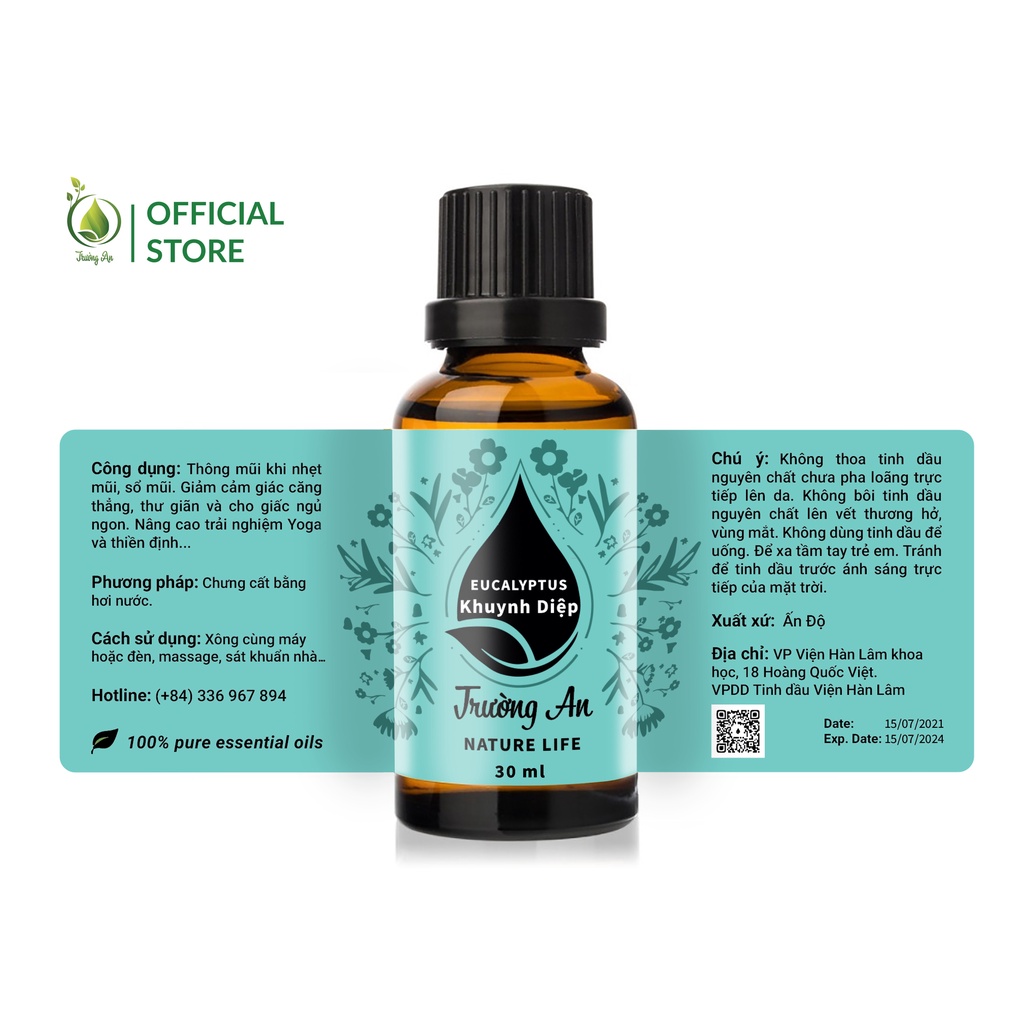 Tinh dầu thiên nhiên Khuynh Diệp Trường An, Eucalyptus Essential Oil, Nhập Khẩu Ấn Độ, dung tích 10/30/50ml