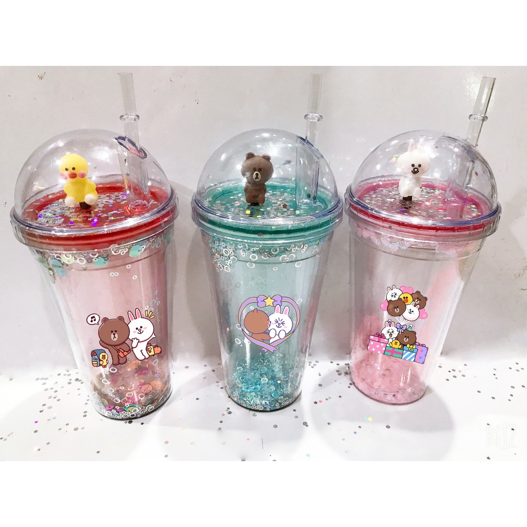 Cốc 2 lớp kim tuyến gấu brown thỏ cony vịt sally khủng long nắp cầu CNCKI4 cốc làm lạnh dễ thương 500ml