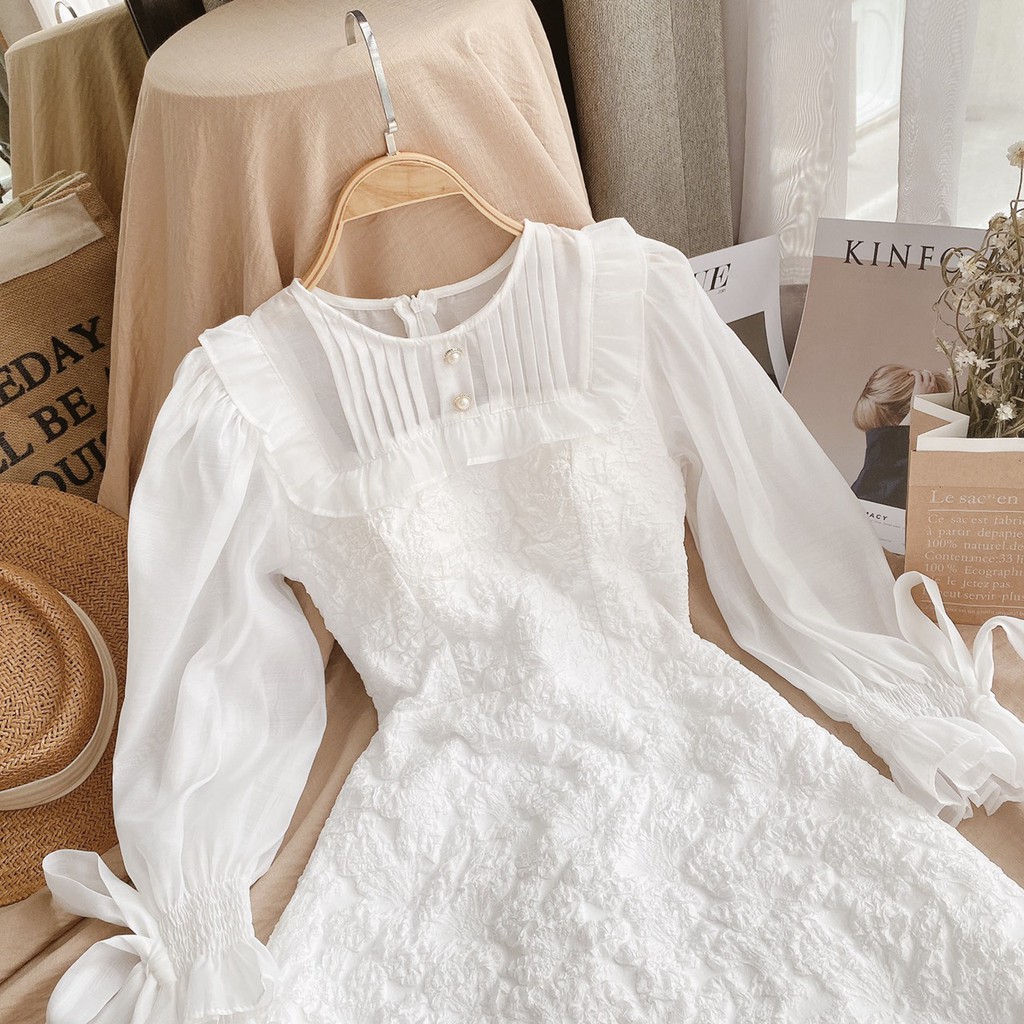 [Mã SKAMA06 giảm 8% tối đa 50K đơn 250K] ĐẦM GẤM PHỐI CỔ VOAN TRẮNG XẾP LI TAY PHỒNG | BigBuy360 - bigbuy360.vn