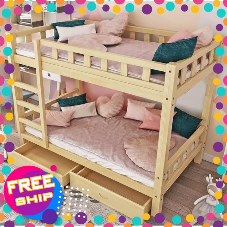 Giường tầng gỗ thông mộc bản full kệ sách , đệm , ngăn kéo 90x190x160cm GREEN INTETOR STORE