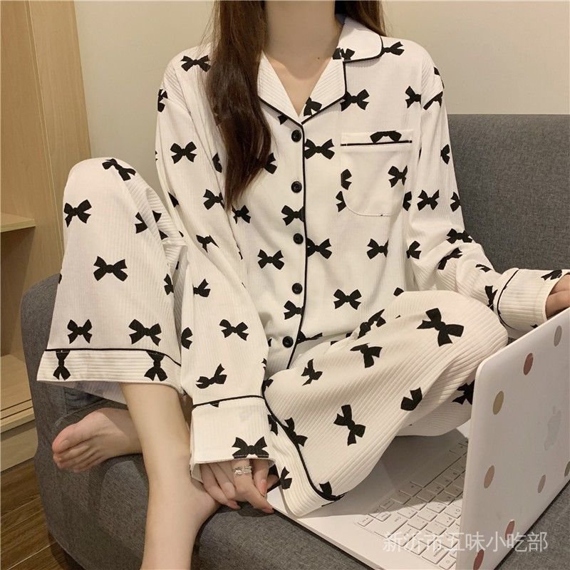 Bộ Đồ Ngủ Tay Dài Đính Nơ Toàn Diện Đơn Giản Thời Trang Xuân Thu Cho Nữ