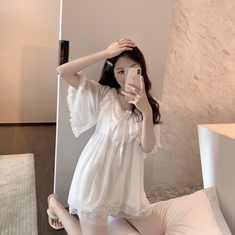 bộ mặc nhà ren trắng tiểu thư
