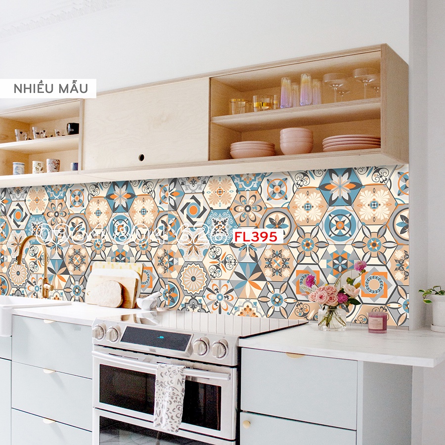 Decal dán bếp, tường, nhà tắm - hoa văn gạch bông CB1605, set 1 mét dài FL00